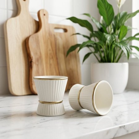 طقم فناجين قهوة عربية بورسلان أبيض بتصميم مضلع مع حواف وخطوط ذهبية